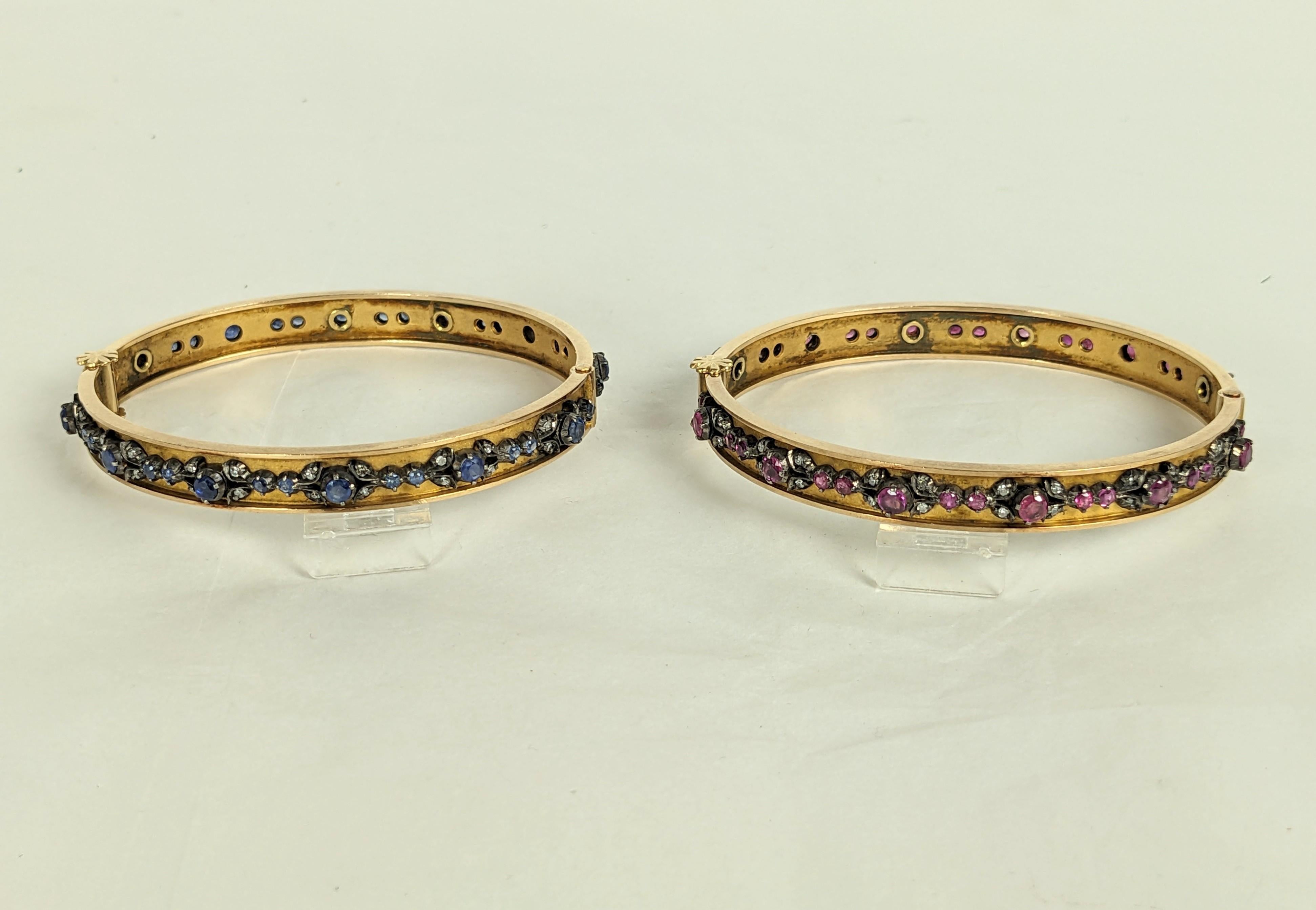 Single Cut Antique Edwardian Bangles, Ruby, Sapphire with Diamonds For Sale