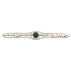 Antique Edwardian Bippart Platinum & Gold Sapphire Diamond Bar Pin Brooch