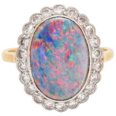 Antique Edwardian Black Opal Diamond Cluster Ring