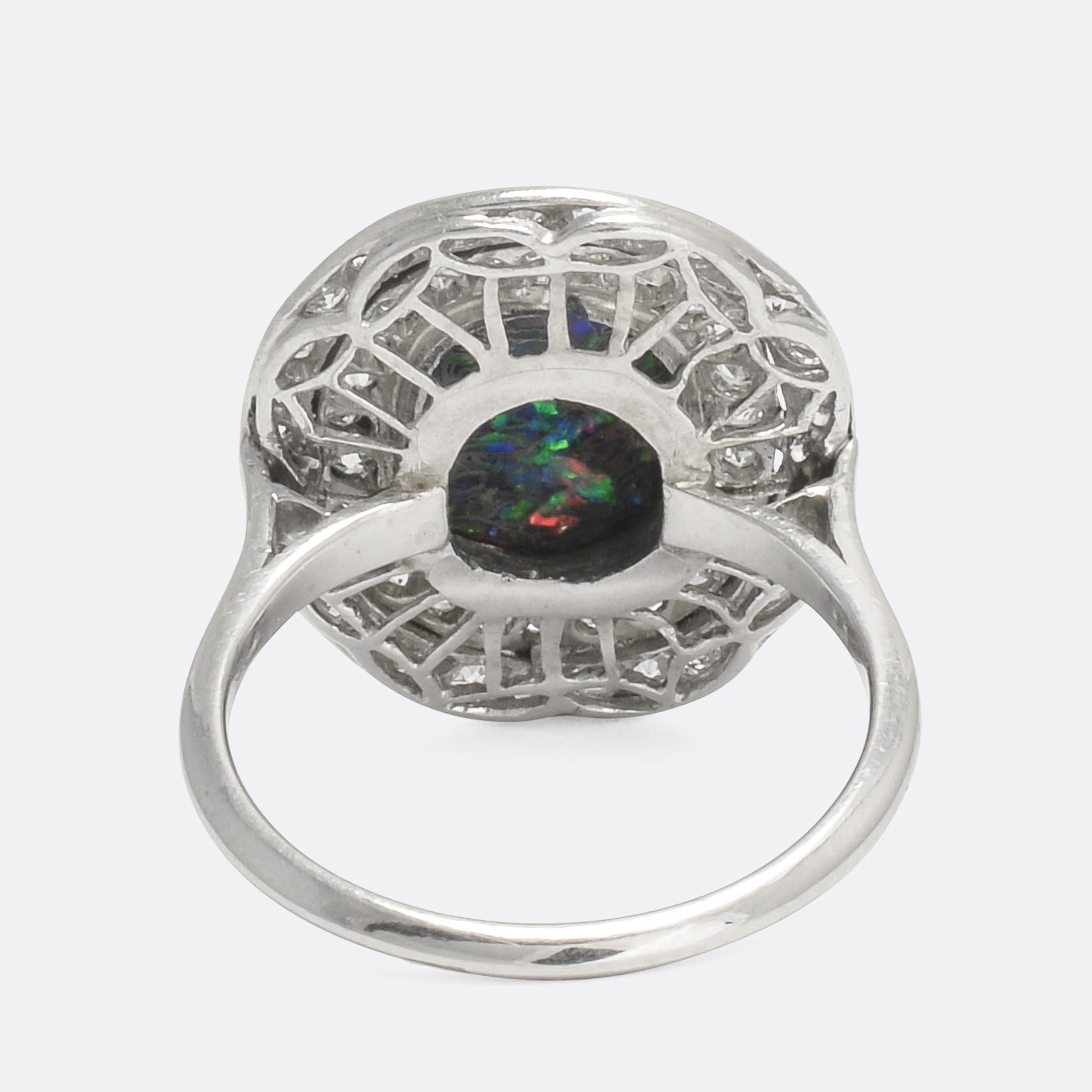 Antique Edwardian Black Opal Diamond Double Halo Cocktail Ring In Excellent Condition In Sale, Cheshire