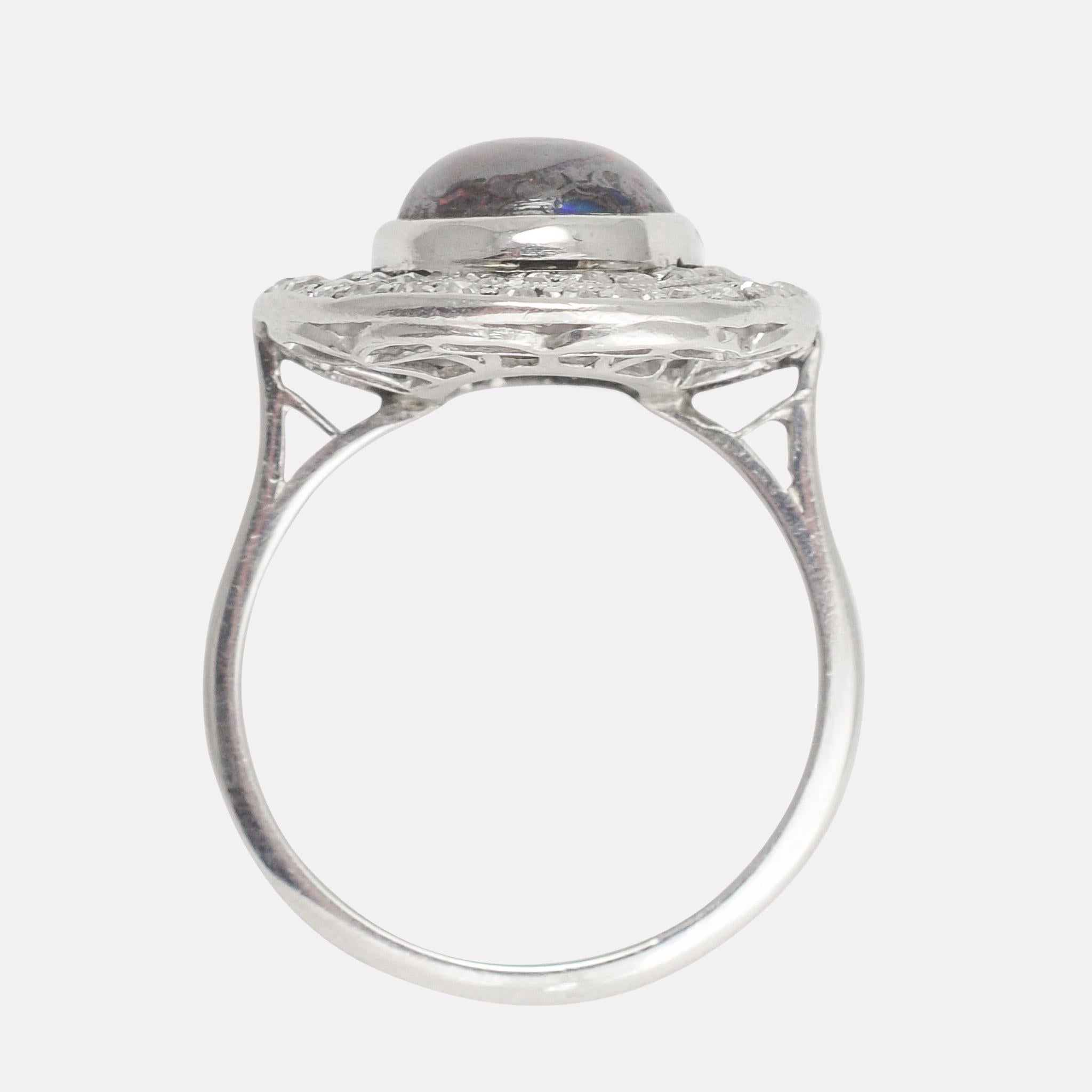 Women's Antique Edwardian Black Opal Diamond Double Halo Cocktail Ring