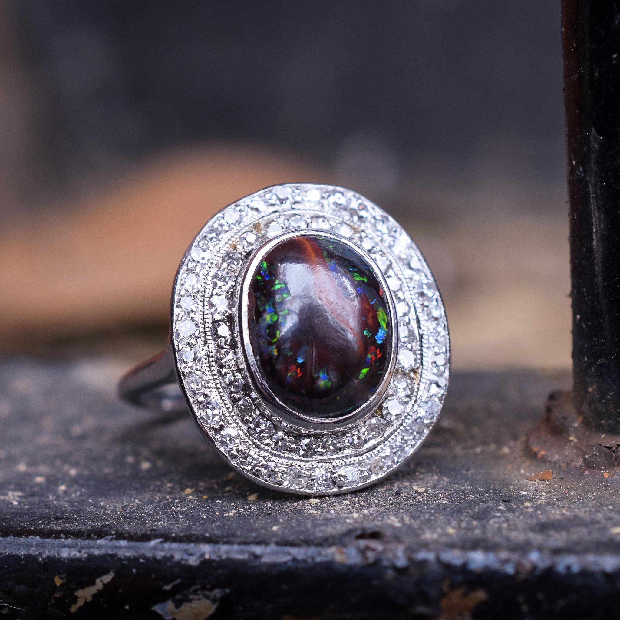 Antique Edwardian Black Opal Diamond Double Halo Cocktail Ring 2