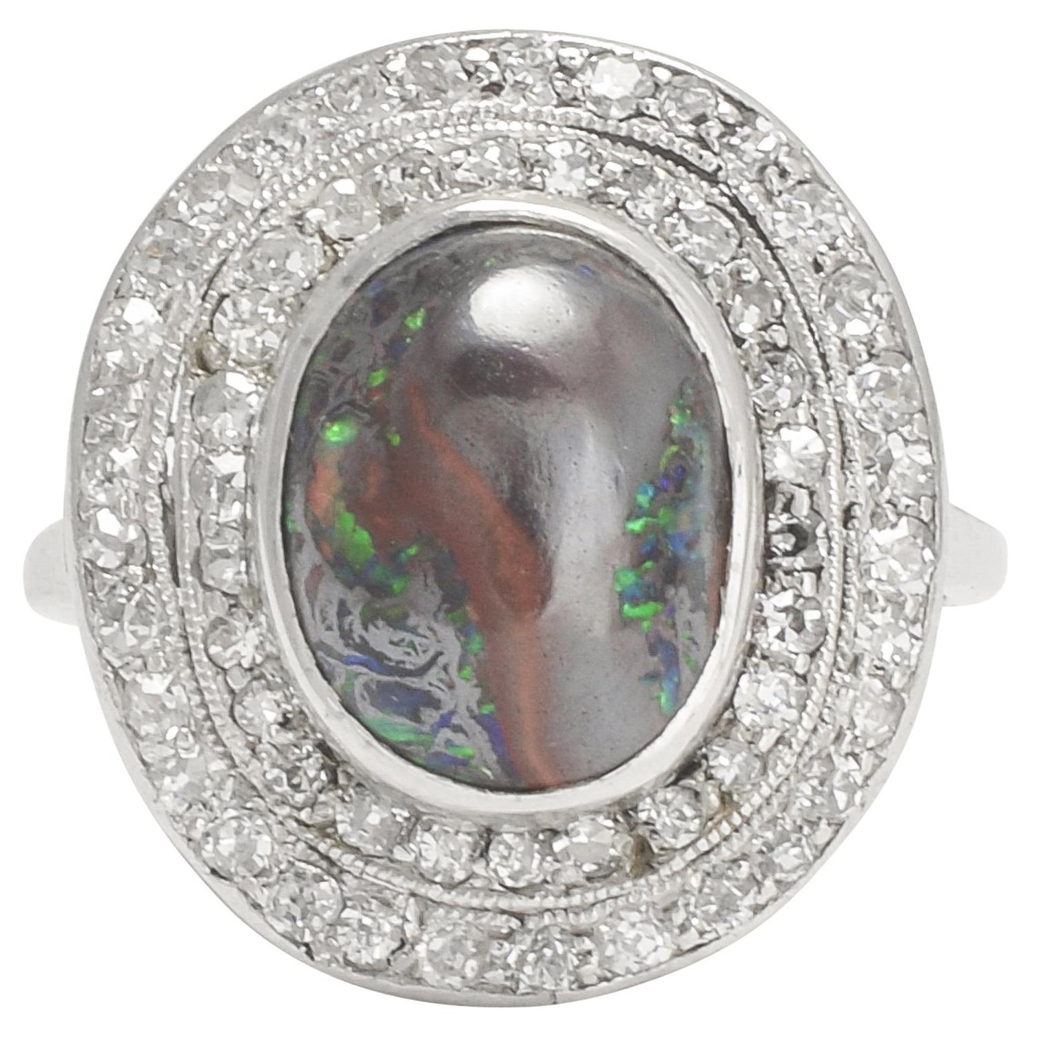 Antique Edwardian Black Opal Diamond Double Halo Cocktail Ring