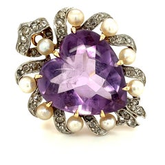 Antique Edwardian Black Starr & Frost Gold Pearl Diamond Amethyst Heart Brooch