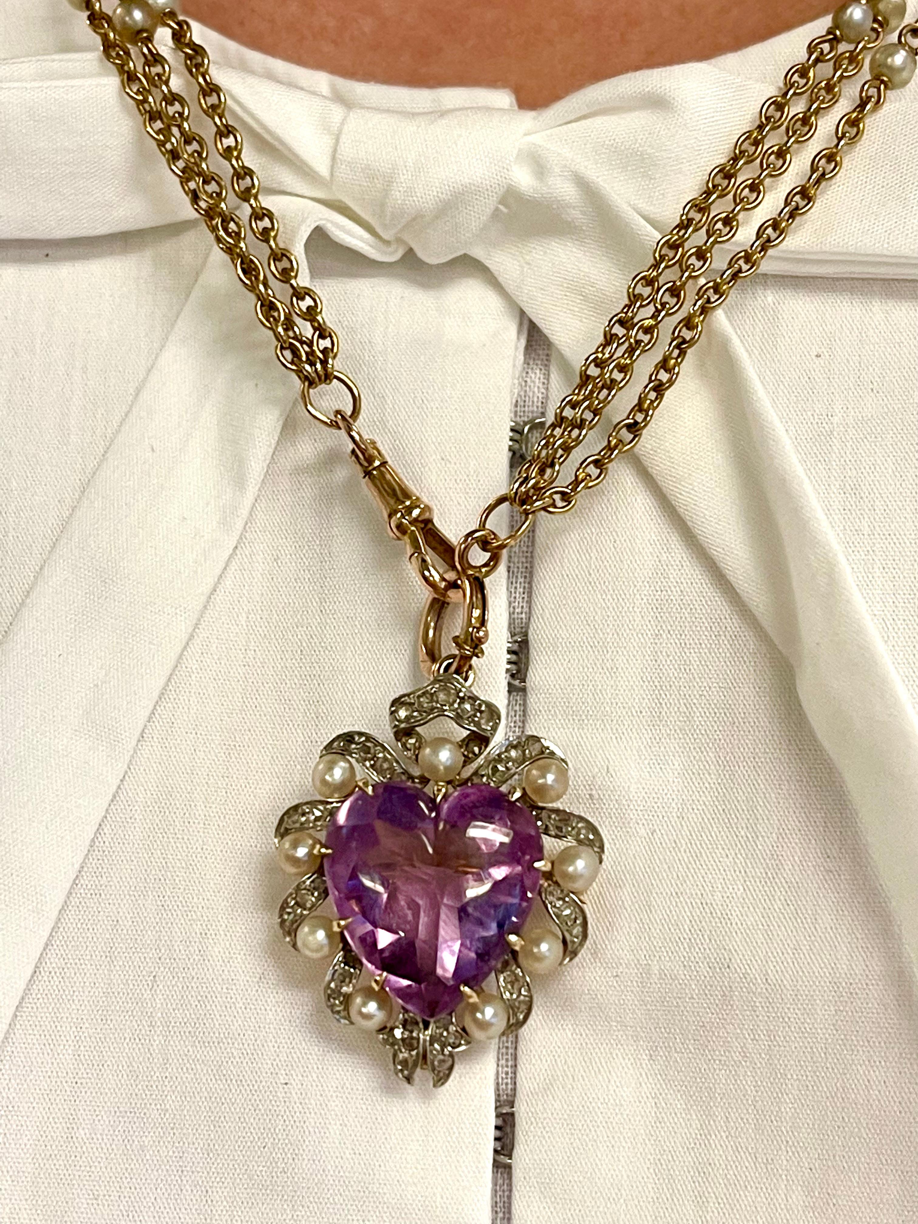 Antique Edwardian Black Starr & Frost Gold Pearl Diamond Amethyst Heart Brooch In Good Condition For Sale In New York, NY