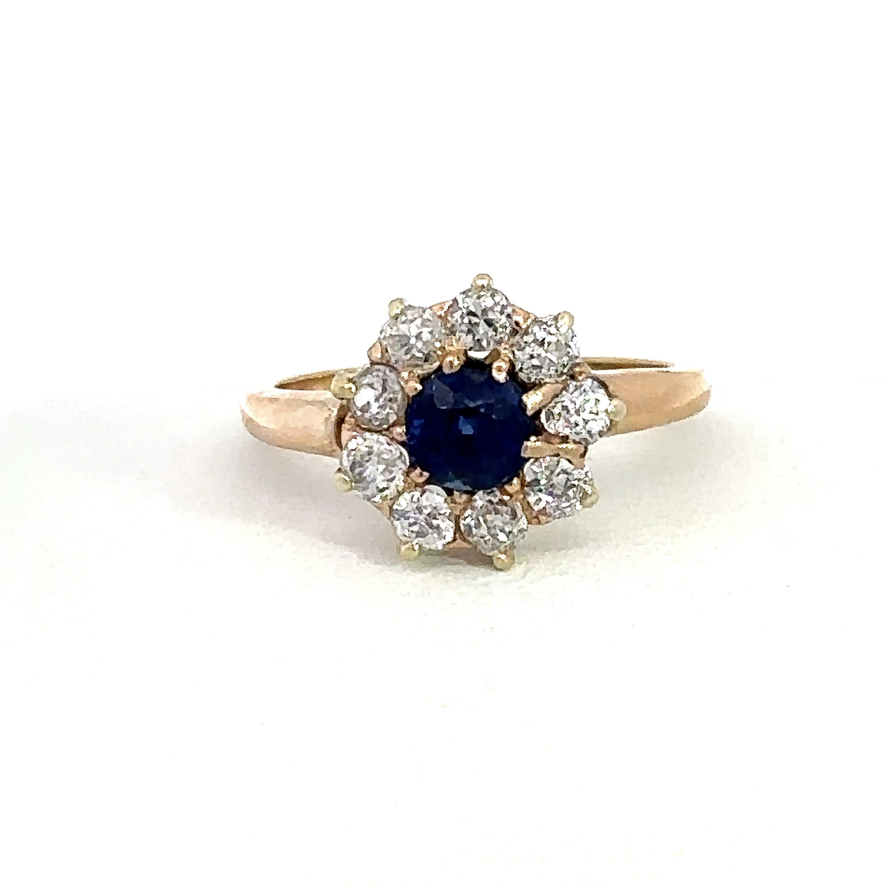 Old European Cut Antique Edwardian Blue Sapphire Diamond Cluster Ring  For Sale