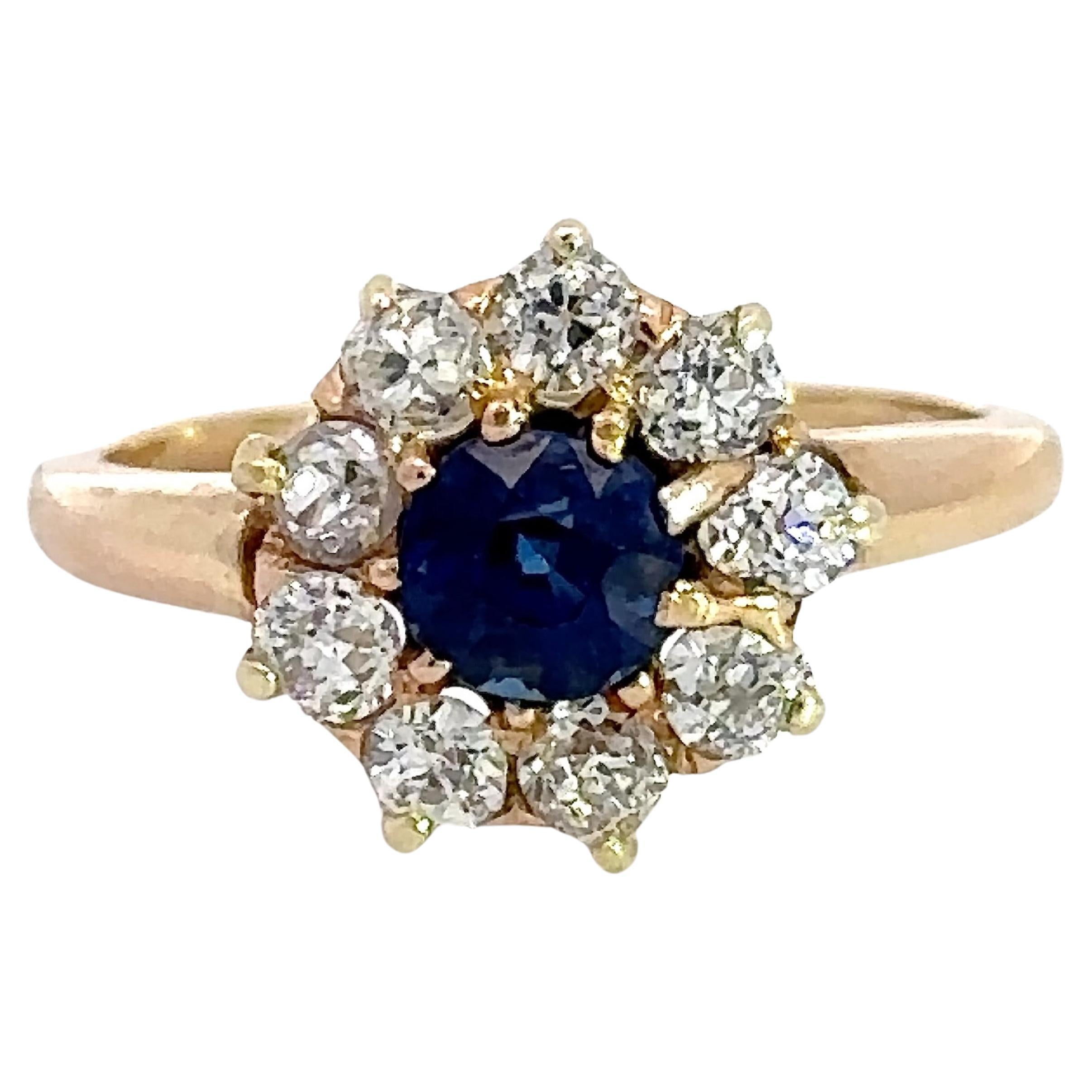 Antique Edwardian Blue Sapphire Diamond Cluster Ring  For Sale