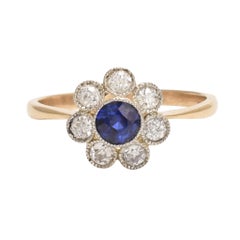 Antique Edwardian Blue Sapphire Diamond Millegrain Cluster Ring
