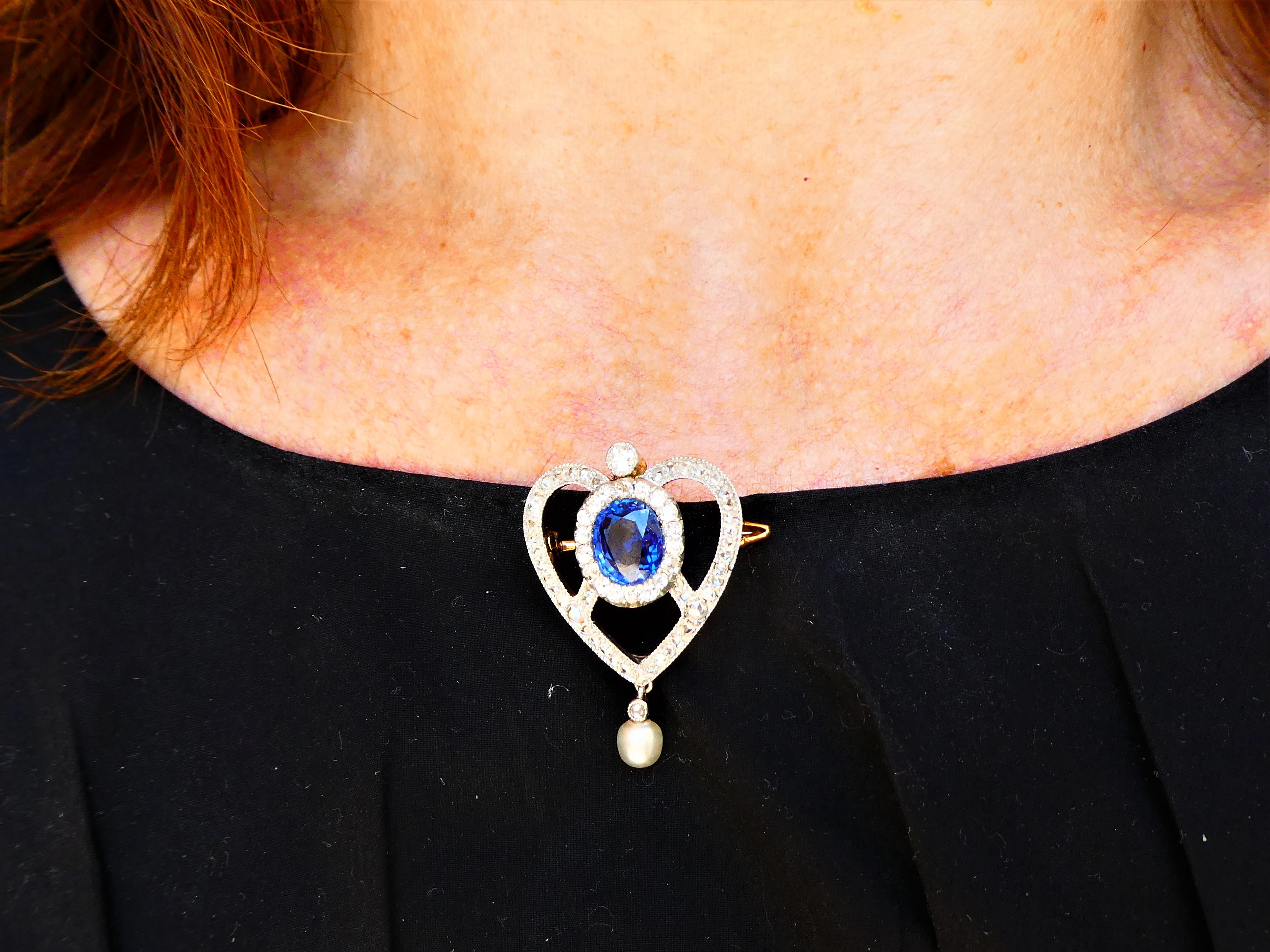 Women's Antique Edwardian Blue Sapphire Diamond Pearl Gold Platinum Heart Brooch Pendant For Sale