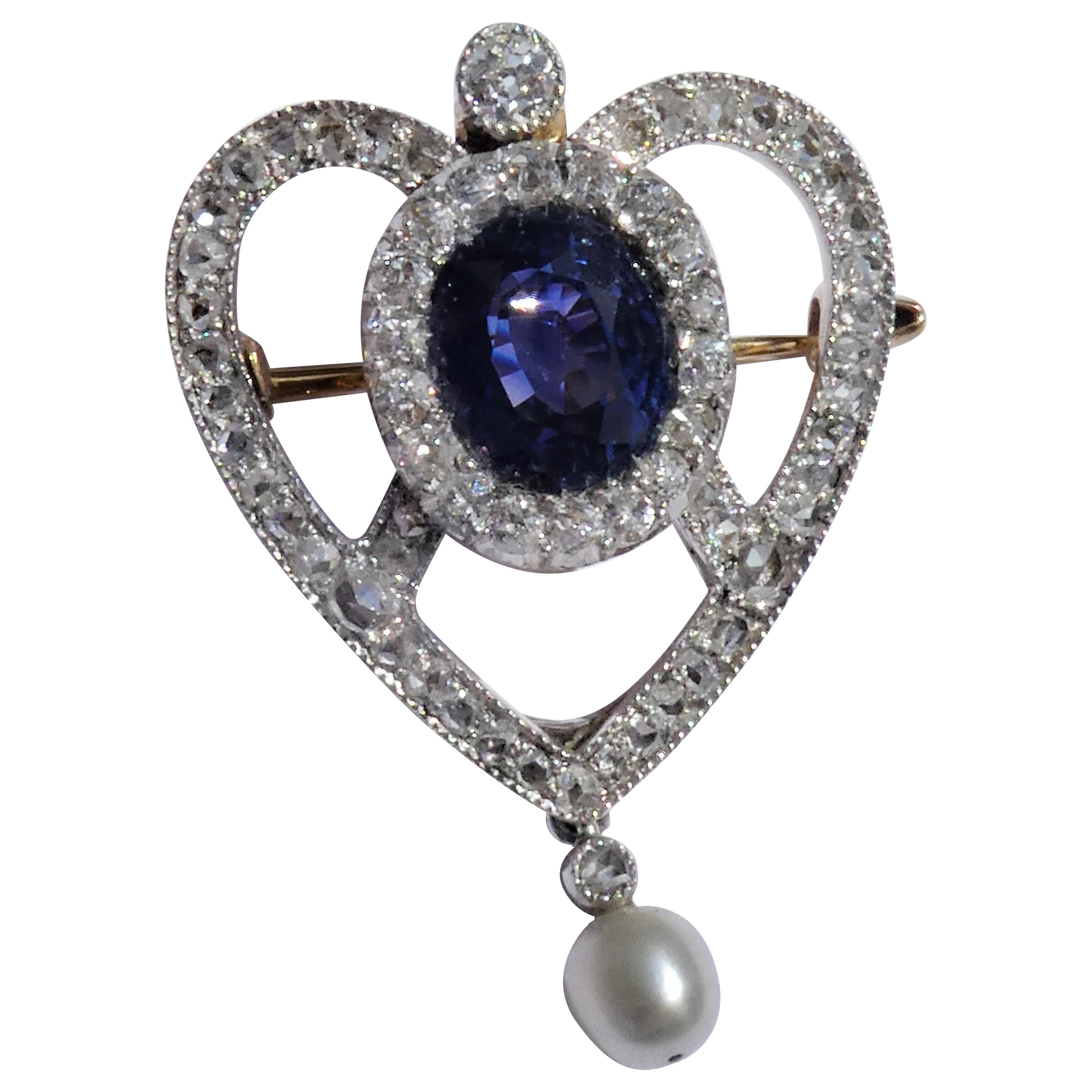 Antique Edwardian Blue Sapphire Diamond Pearl Gold Platinum Heart Brooch Pendant For Sale
