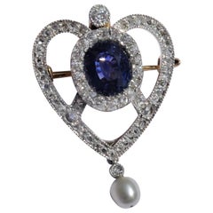 Antique Edwardian Blue Sapphire Diamond Pearl Gold Platinum Heart Brooch Pendant