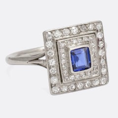 Antique Edwardian Blue Sapphire Diamond Square Halo Platinum Ring