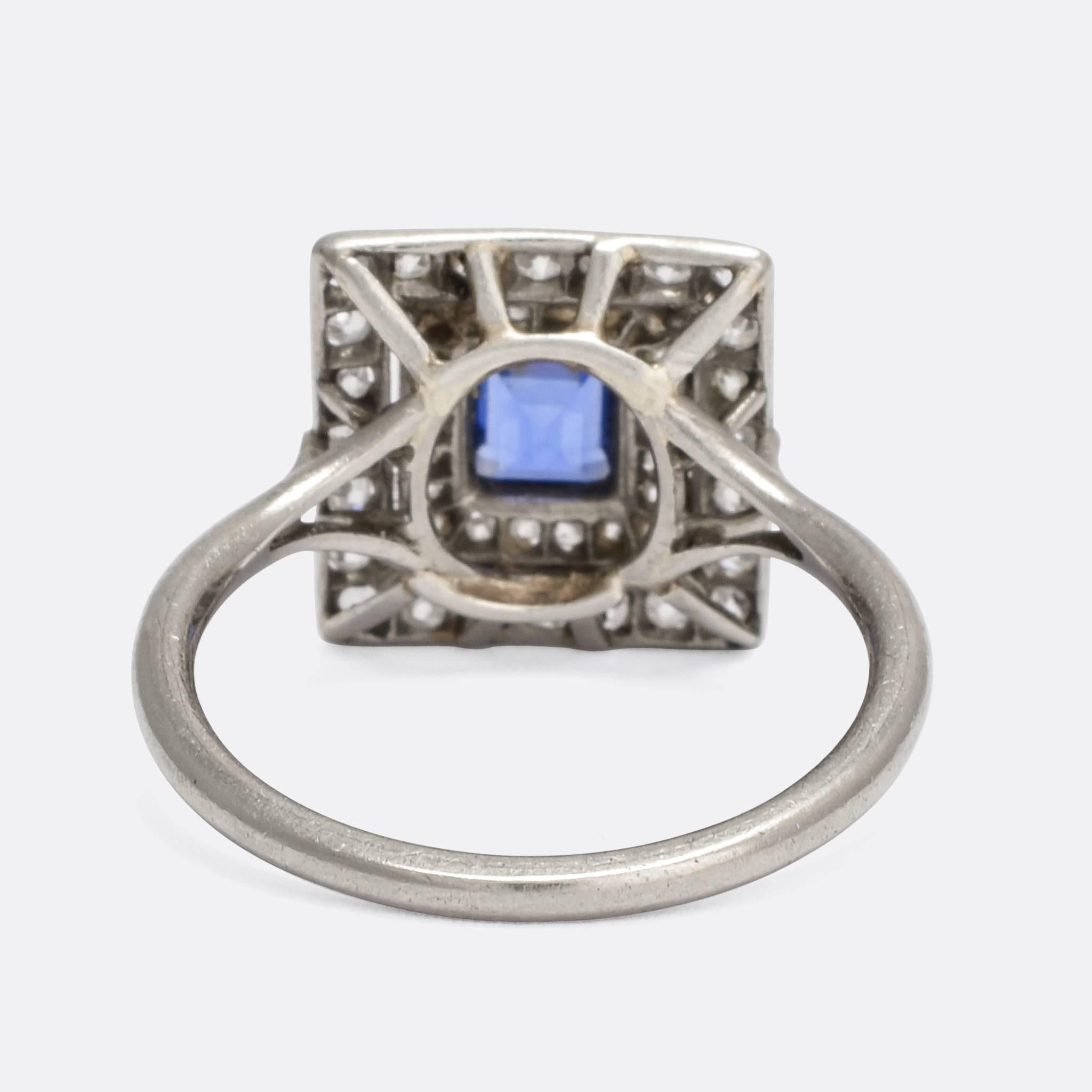 Antique Edwardian Blue Sapphire Diamond Square Halo Platinum Ring In Excellent Condition In Sale, Cheshire