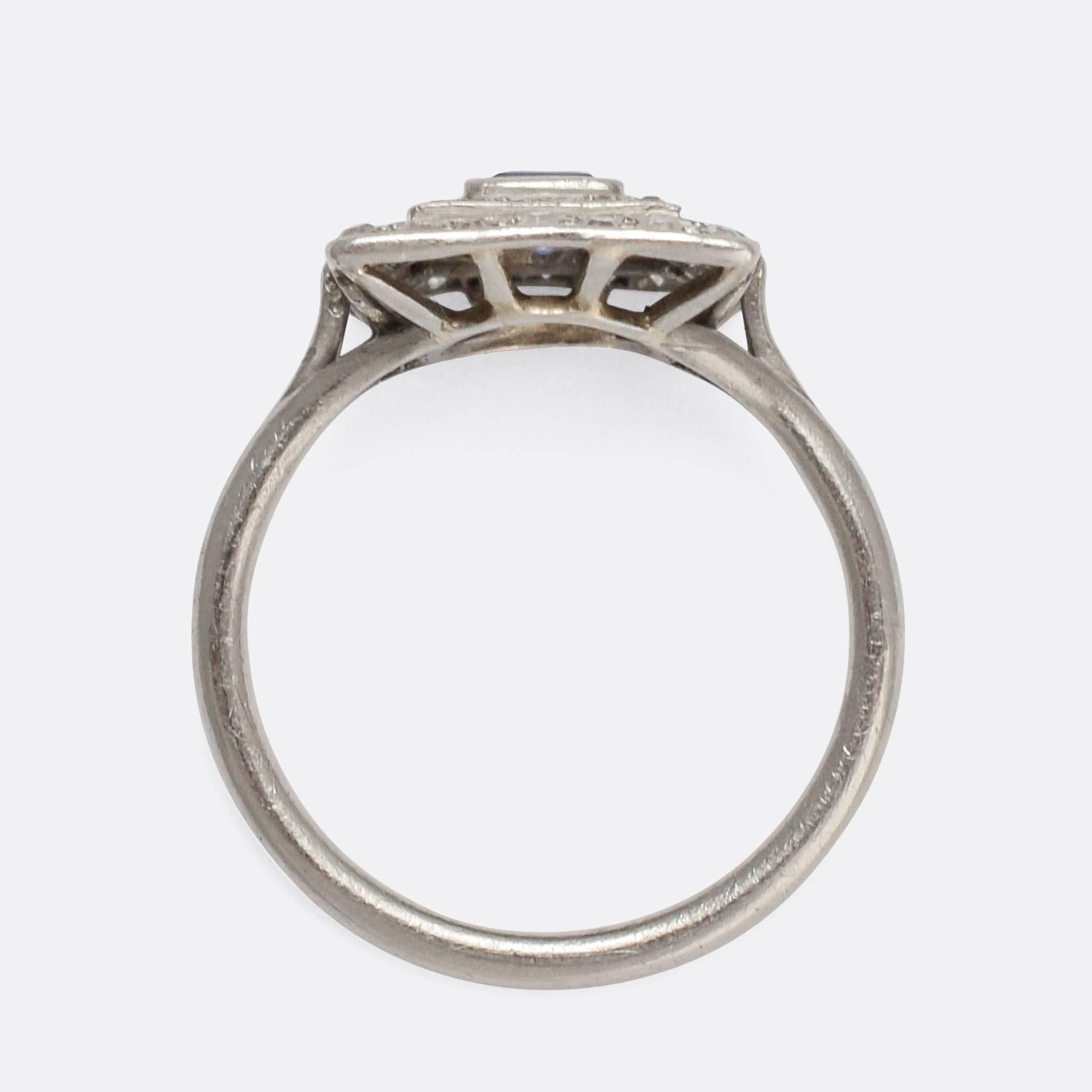 Women's Antique Edwardian Blue Sapphire Diamond Square Halo Platinum Ring