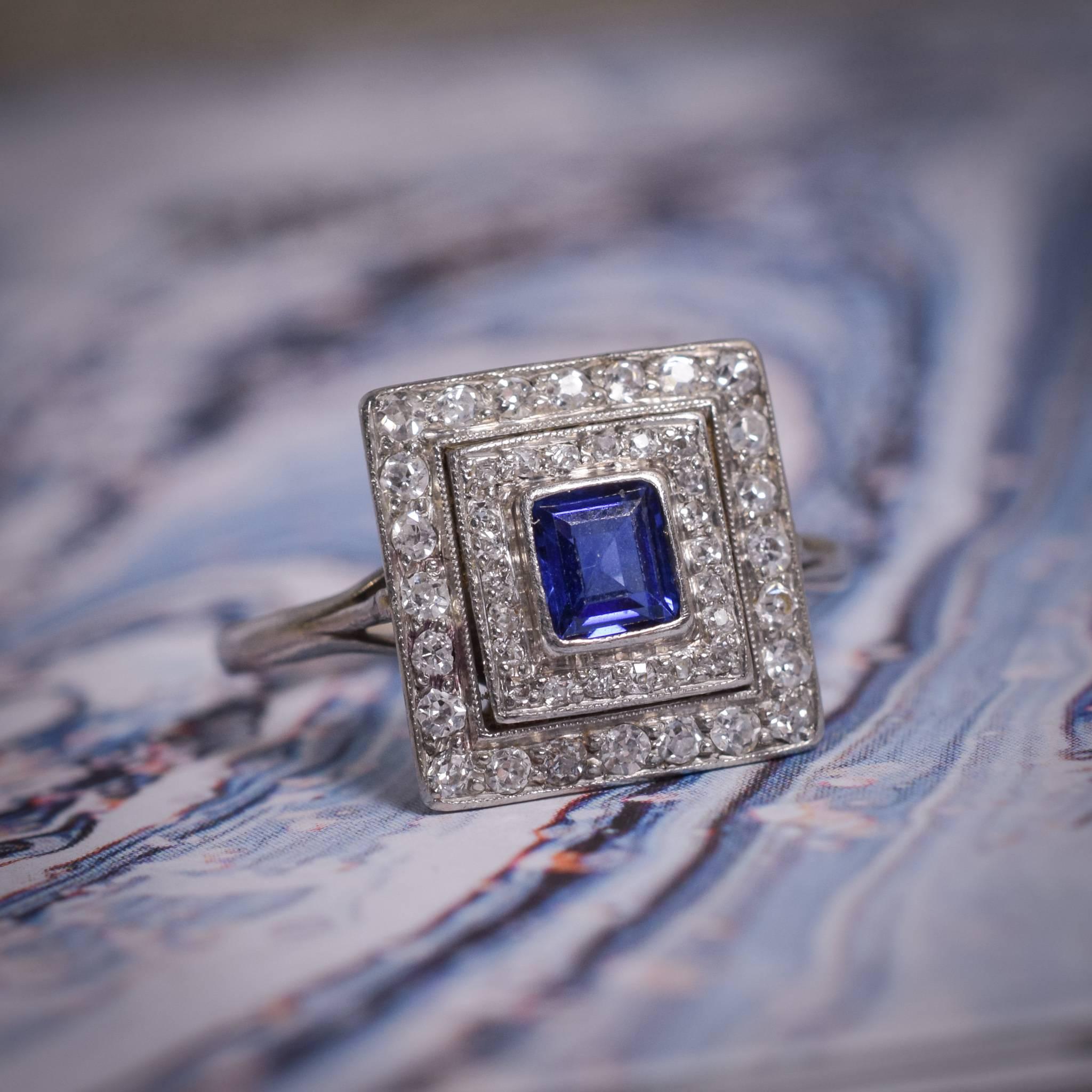 Antique Edwardian Blue Sapphire Diamond Square Halo Platinum Ring 2