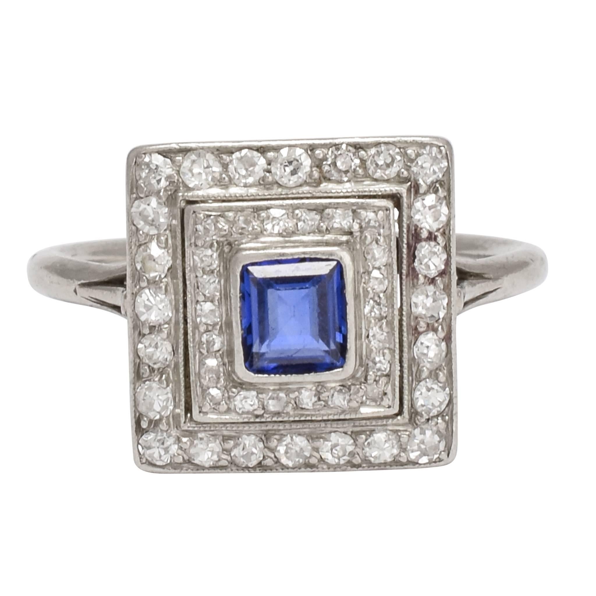 Antique Edwardian Blue Sapphire Diamond Square Halo Platinum Ring