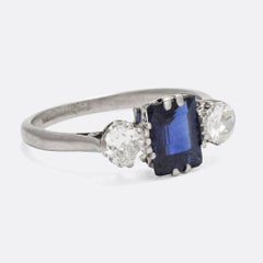 Antique Edwardian Blue Sapphire Diamond Three-Stone Platinum Ring