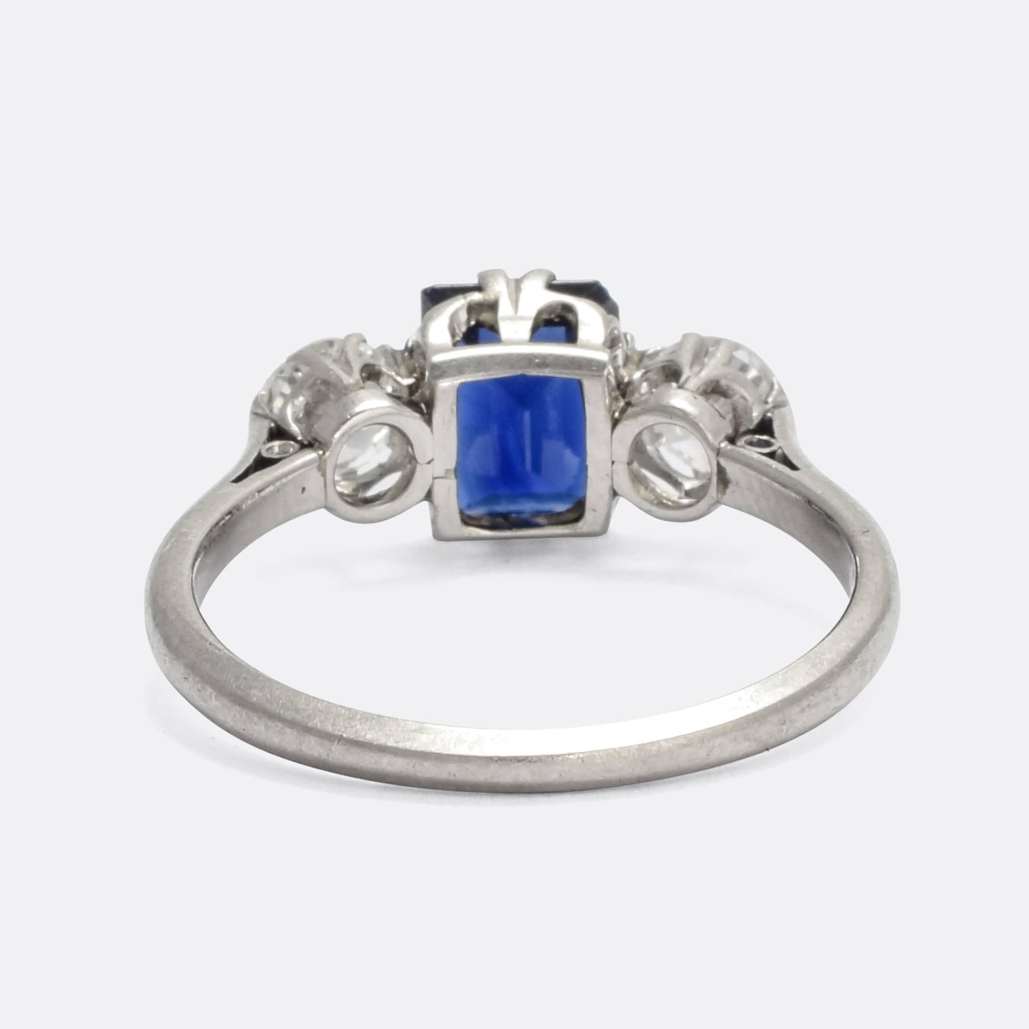 Emerald Cut Antique Edwardian Blue Sapphire Diamond Three-Stone Platinum Ring