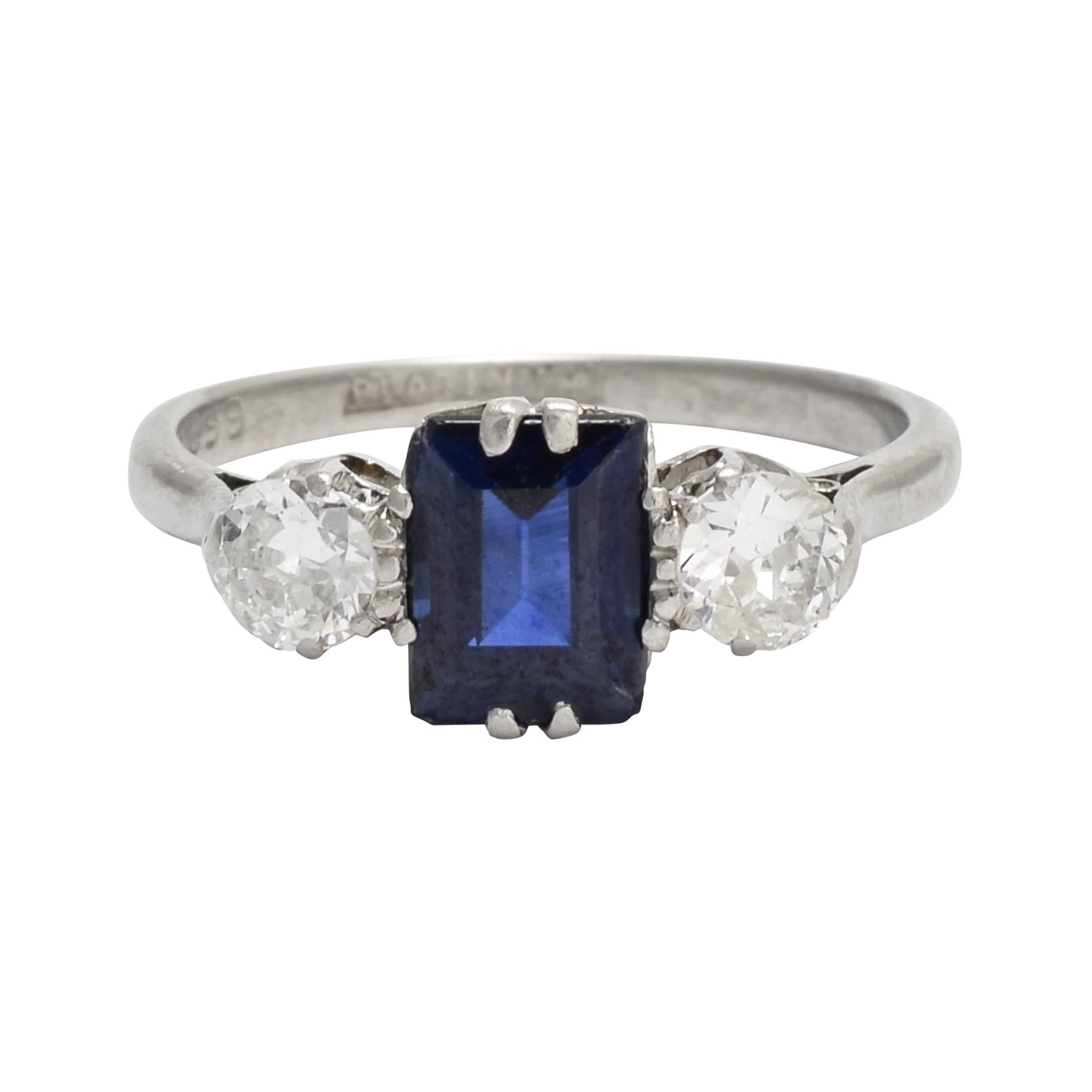 Antique Edwardian Blue Sapphire Diamond Three-Stone Platinum Ring