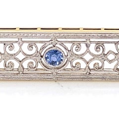 Antique Edwardian Blue Sapphire Filigree Platinum and Yellow Gold Brooch