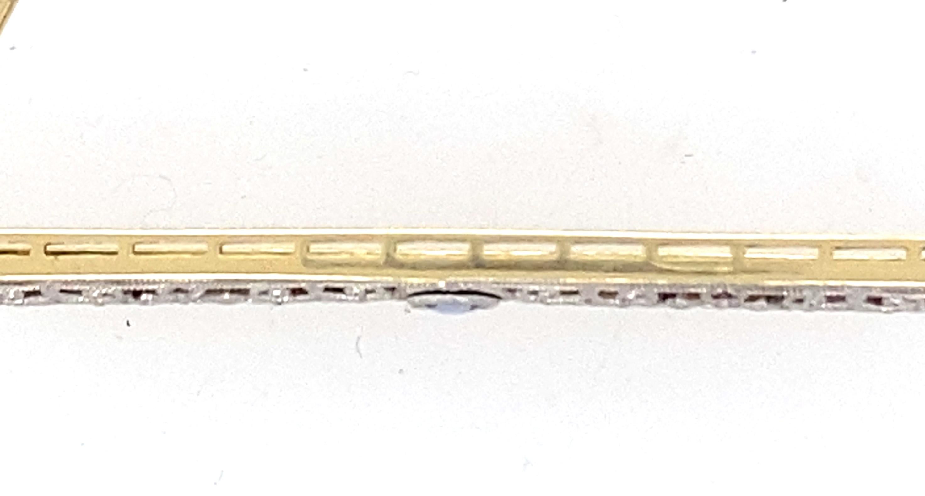 Round Cut Antique Edwardian Blue Sapphire Filigree Platinum and Yellow Gold Brooch For Sale