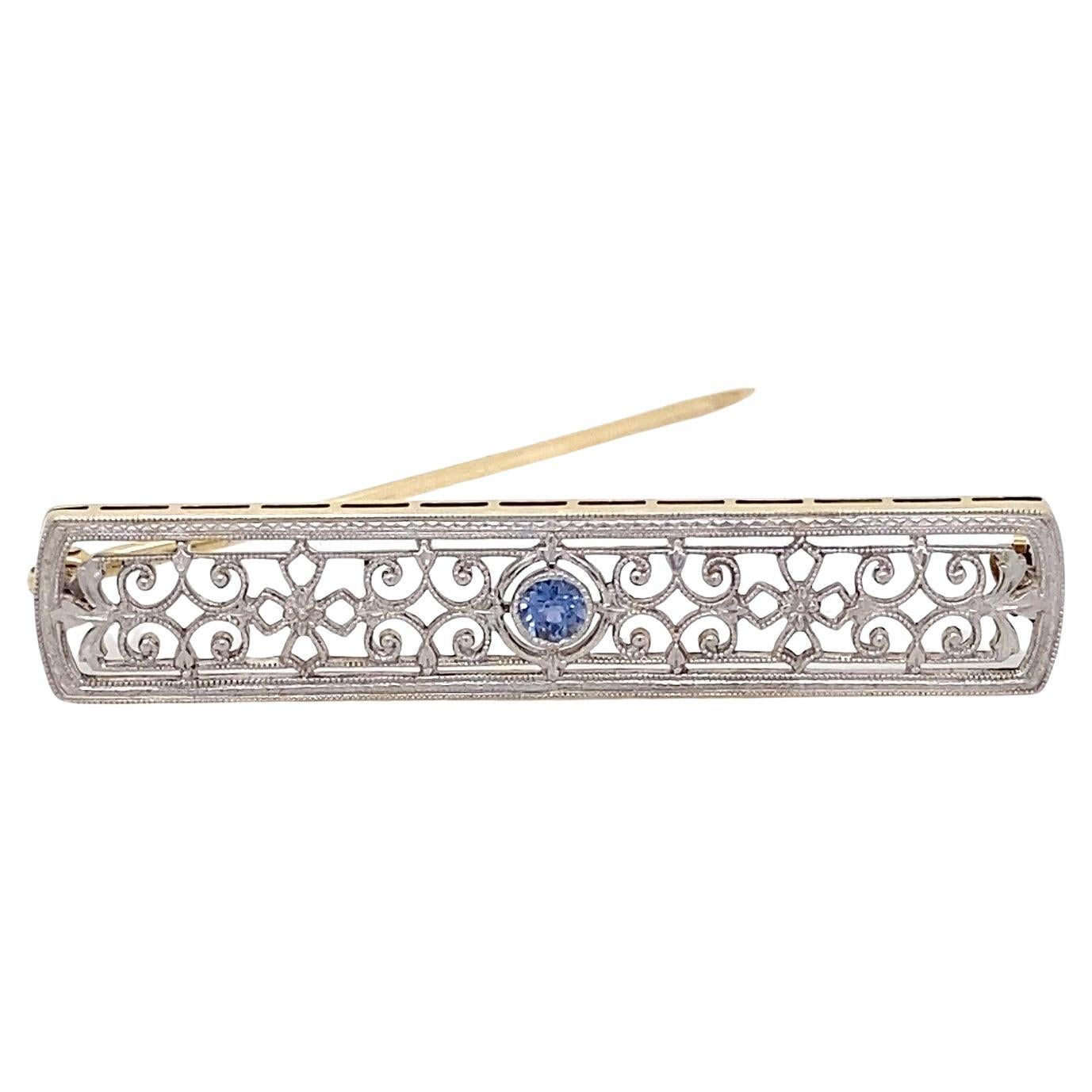 Antique Edwardian Blue Sapphire Filigree Platinum and Yellow Gold Brooch