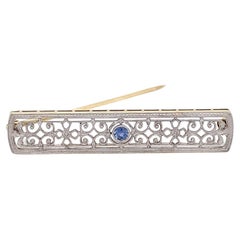 Antique Edwardian Blue Sapphire Filigree Platinum and Yellow Gold Brooch
