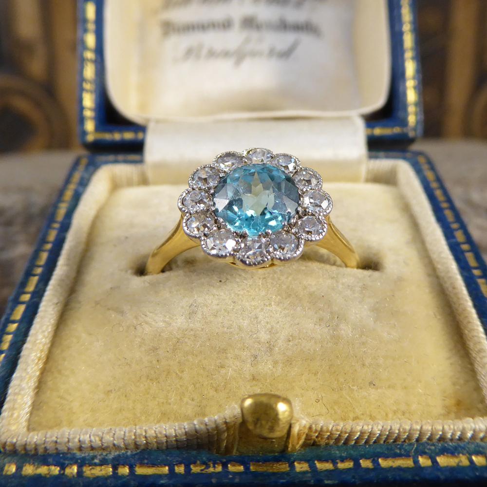 Antique Edwardian Blue Zircon and Diamond Cluster 18 Carat Gold Ring 5