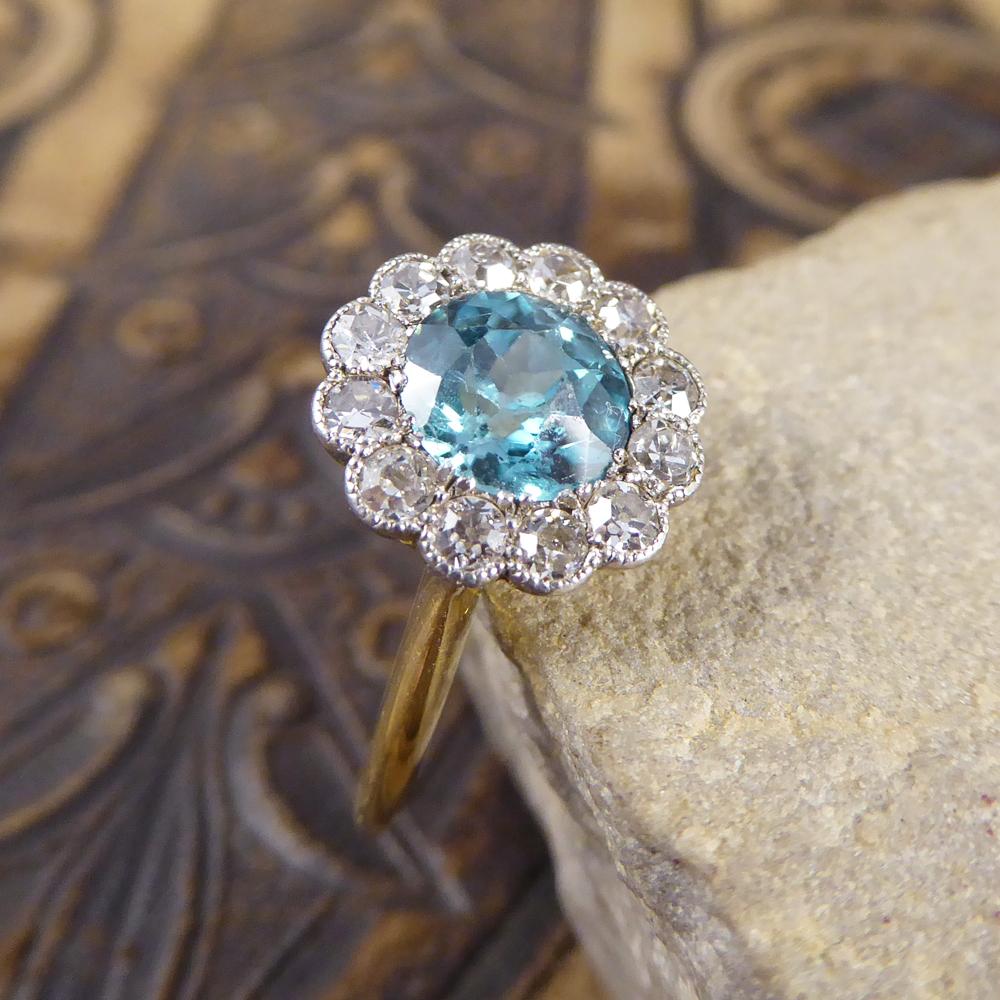 Antique Edwardian Blue Zircon and Diamond Cluster 18 Carat Gold Ring 2