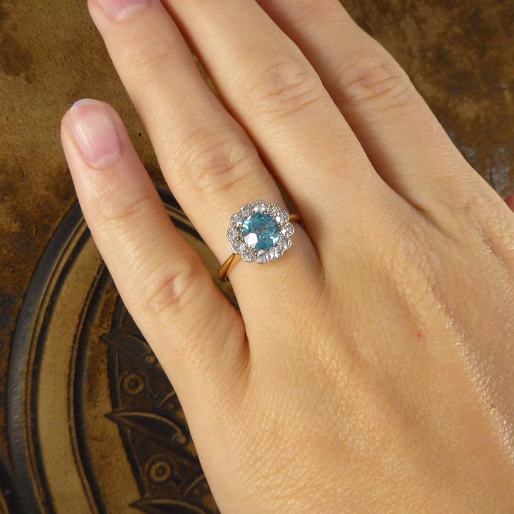 Antique Edwardian Blue Zircon and Diamond Cluster 18 Carat Gold Ring 3