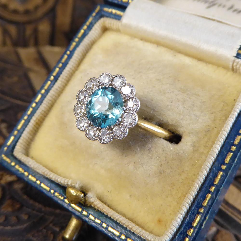 Antique Edwardian Blue Zircon and Diamond Cluster 18 Carat Gold Ring 4