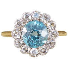 Antique Edwardian Blue Zircon and Diamond Cluster 18 Carat Gold Ring