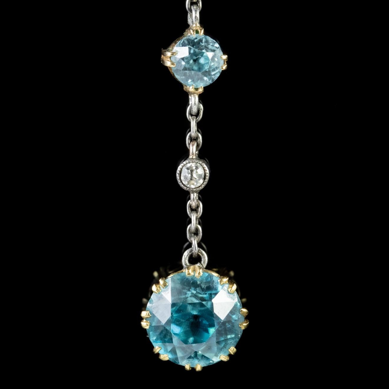 Antique Edwardian Blue Zircon Diamond Drop Earrings 18 Carat Gold, circa 1910 1