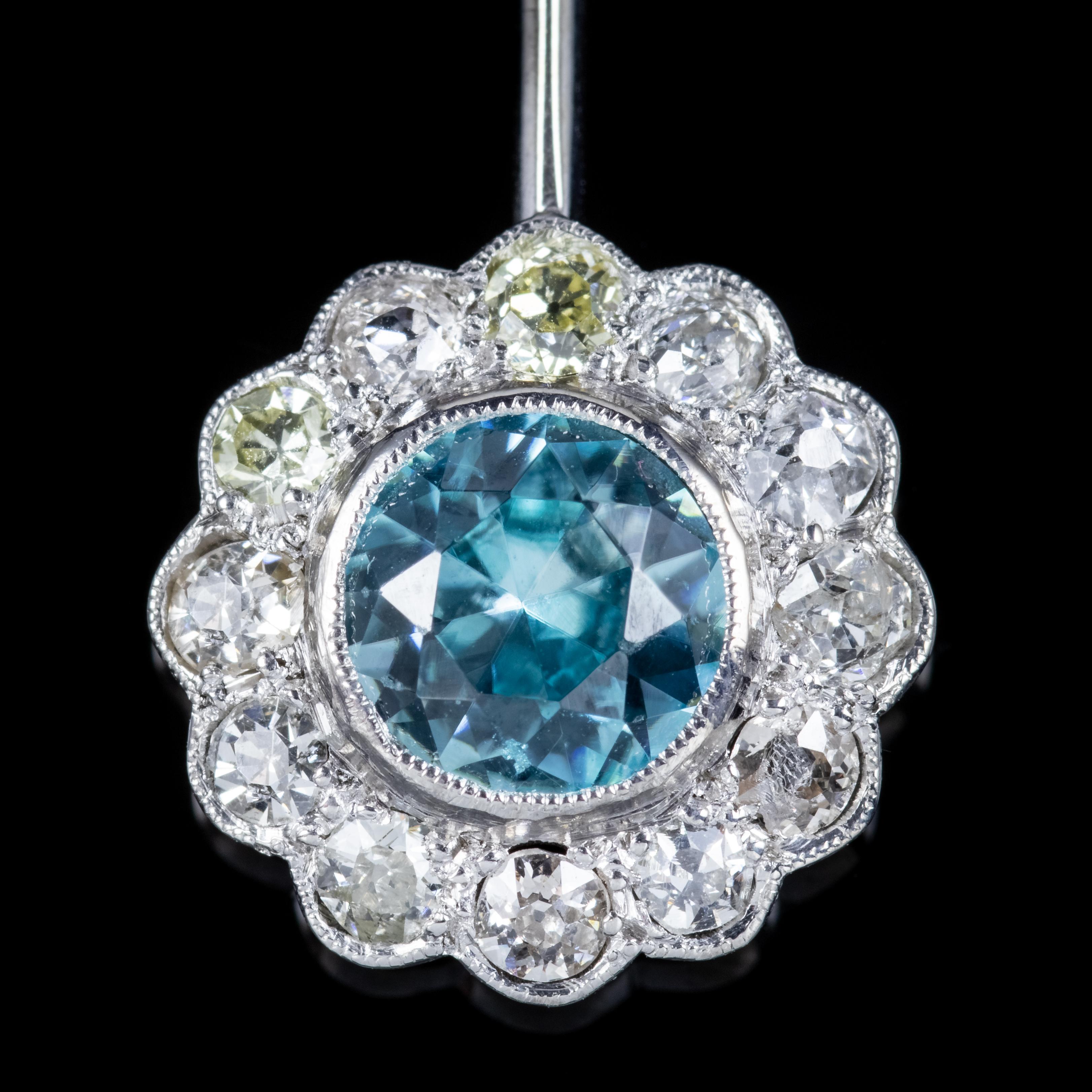 Old European Cut Antique Edwardian Blue Zircon Diamond Lavaliere Necklace Circa 1910 For Sale