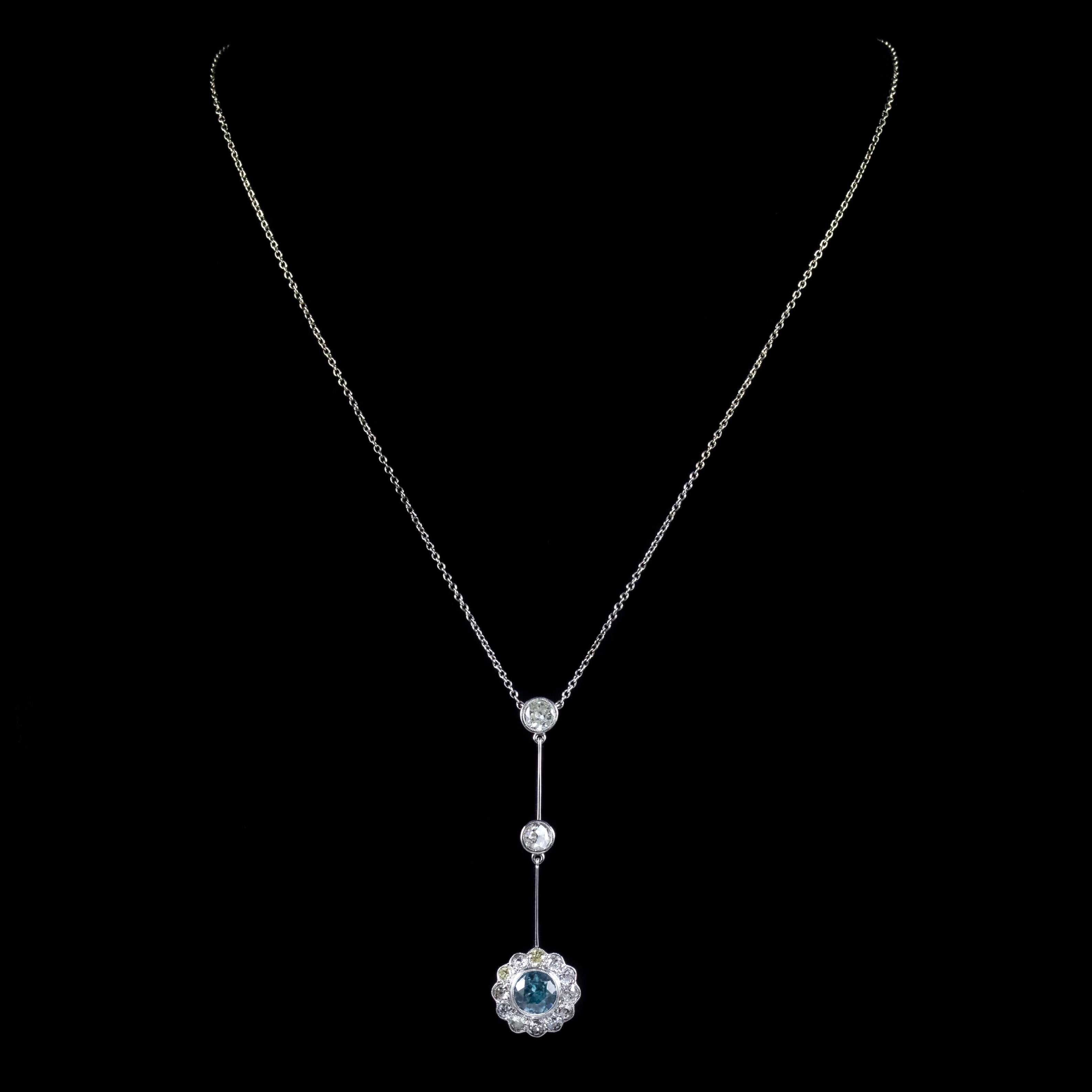 Women's Antique Edwardian Blue Zircon Diamond Lavaliere Necklace Circa 1910 For Sale