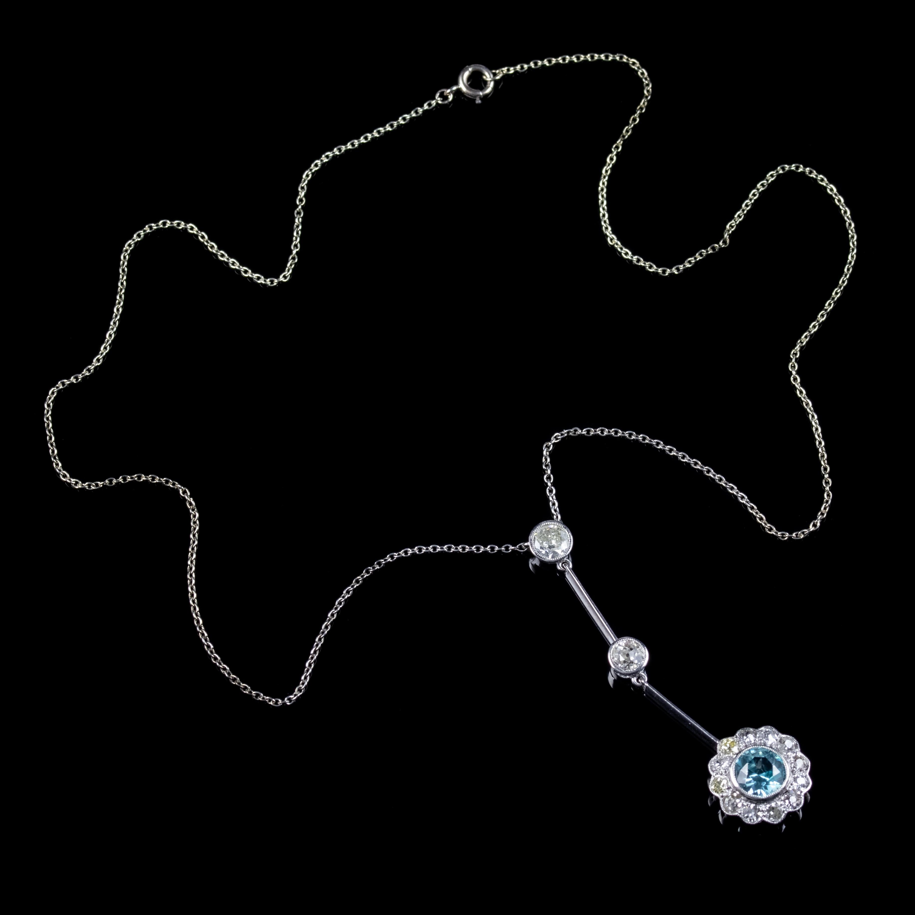 Antique Edwardian Blue Zircon Diamond Lavaliere Necklace Circa 1910 For Sale 1