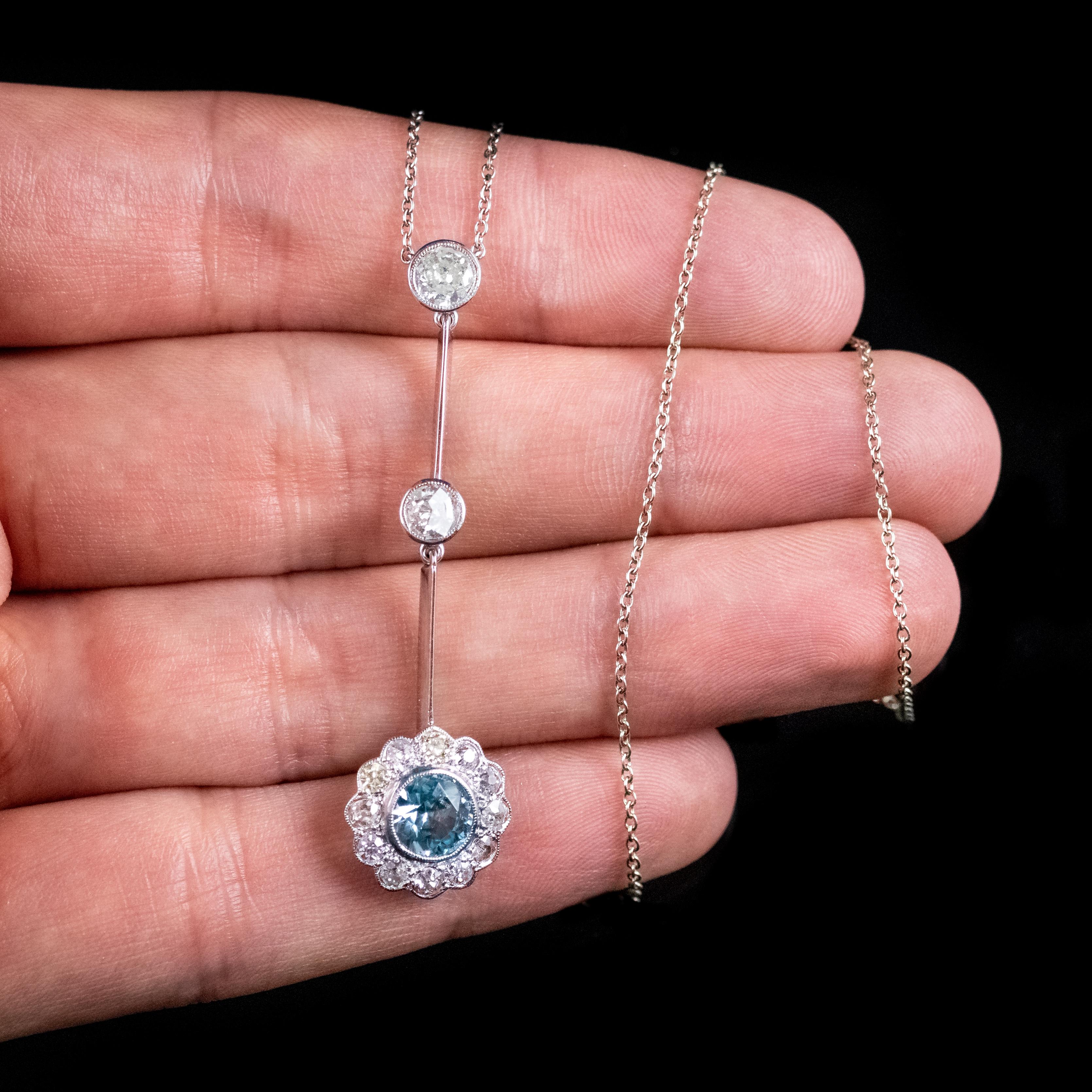 Antique Edwardian Blue Zircon Diamond Lavaliere Necklace Circa 1910 For Sale 2