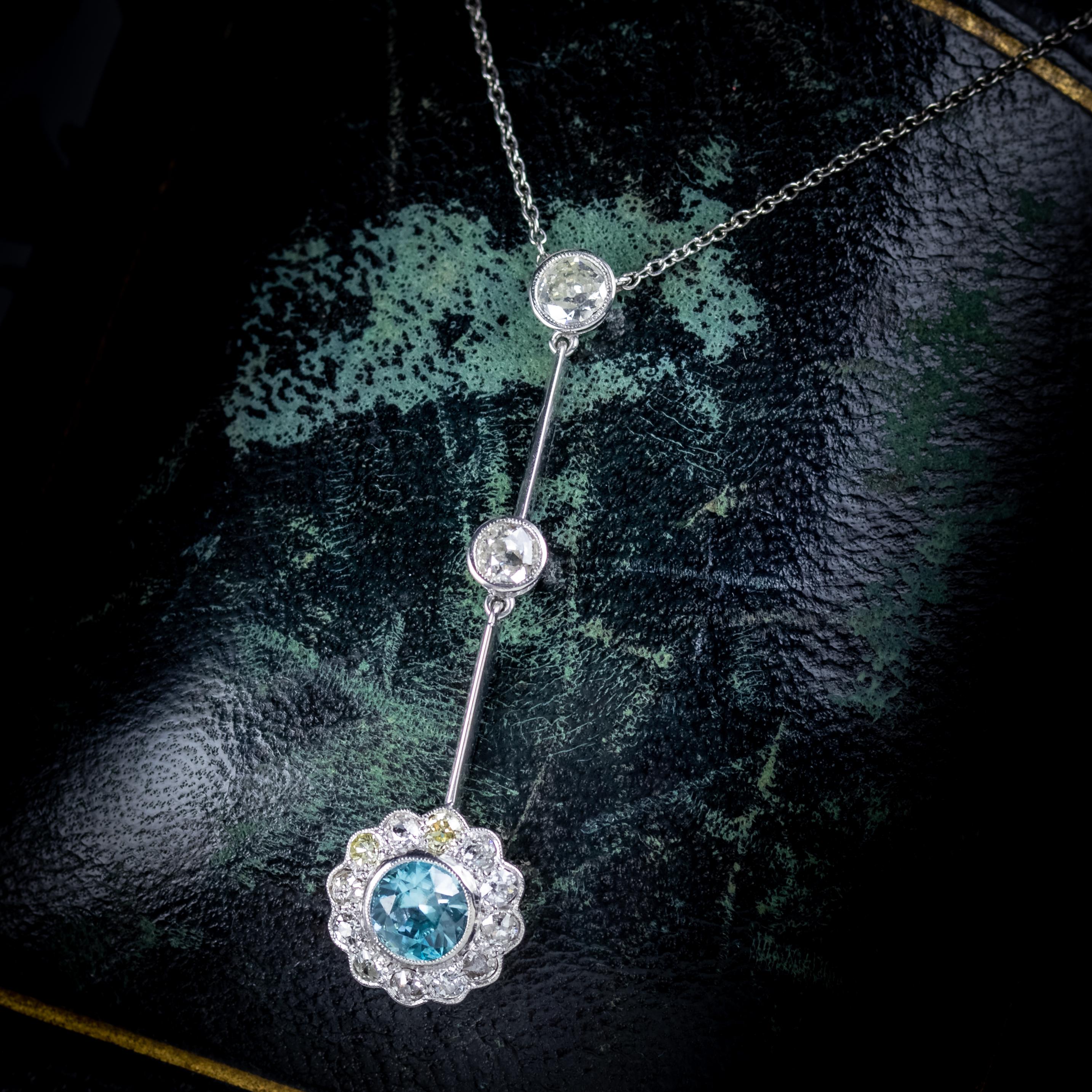 Antique Edwardian Blue Zircon Diamond Lavaliere Necklace Circa 1910 For Sale 3