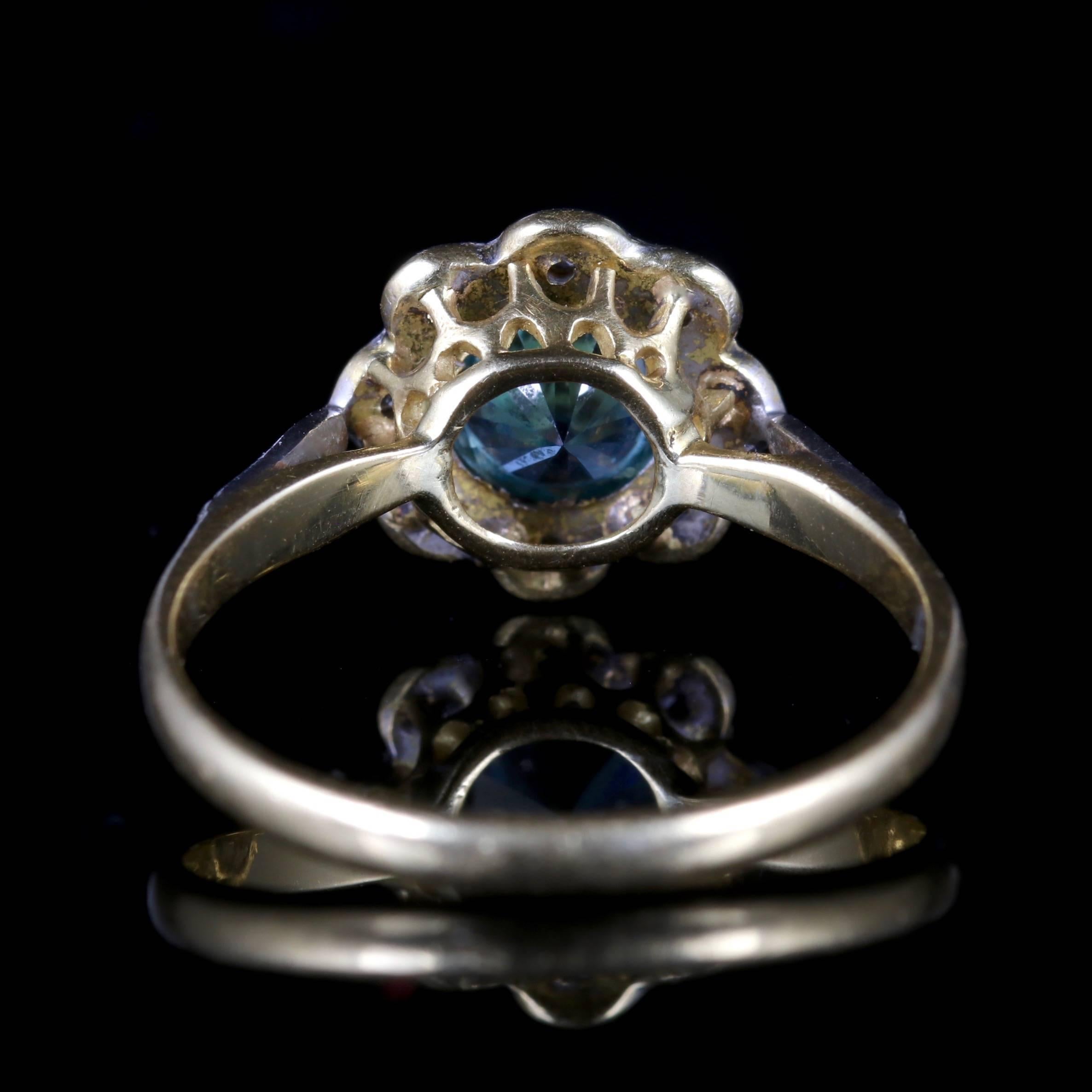 Women's Antique Edwardian Blue Zircon Diamond Ring 18 Carat Plat, circa 1915