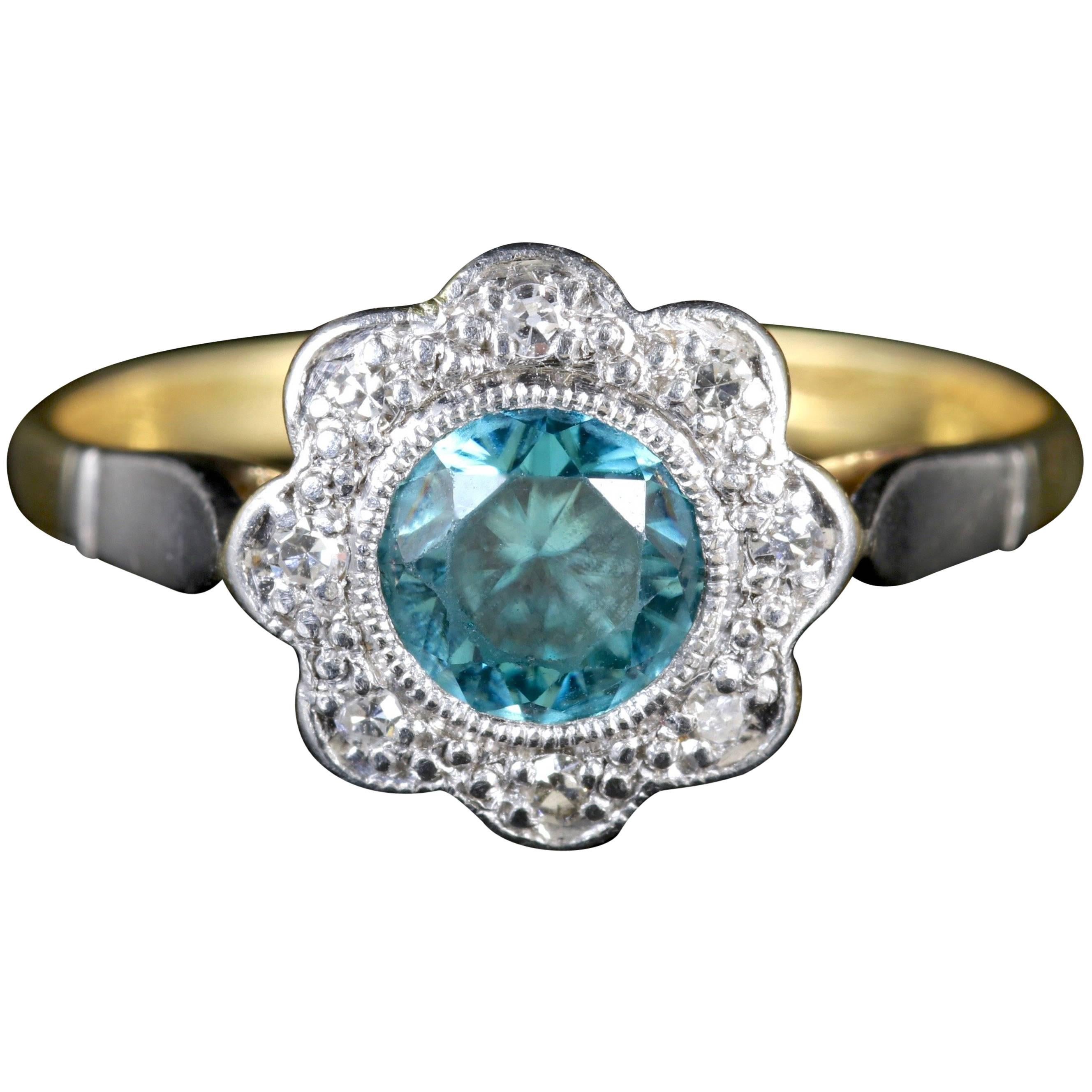 Antique Edwardian Blue Zircon Diamond Ring 18 Carat Plat, circa 1915