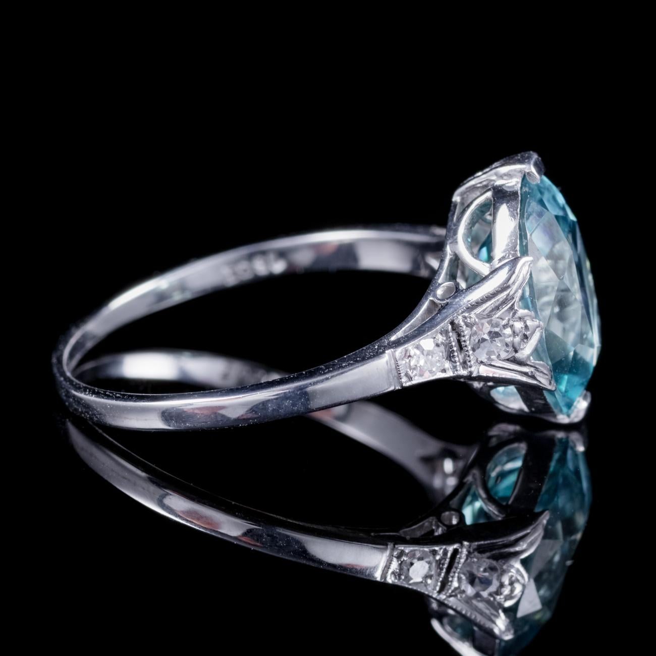 Women's Antique Edwardian Blue Zircon Diamond Ring 18 Carat White Gold, circa 1910 For Sale