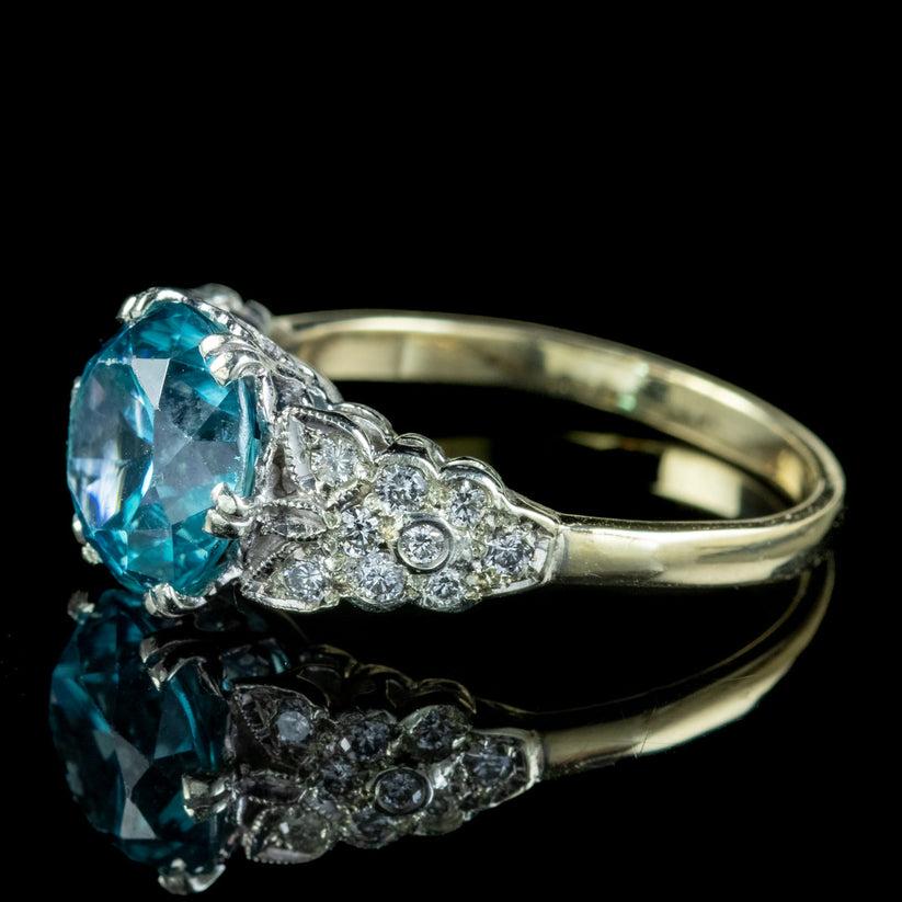 Brilliant Cut Antique Edwardian Blue Zircon Diamond Ring, 3.6ct Zircon For Sale