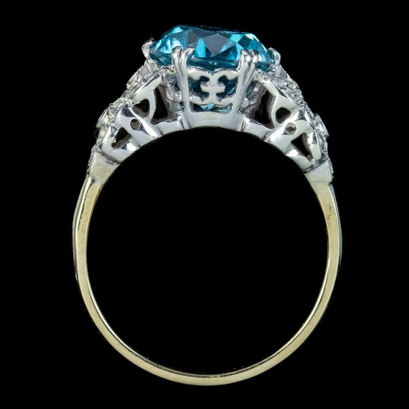 Women's Antique Edwardian Blue Zircon Diamond Ring, 3.6ct Zircon For Sale