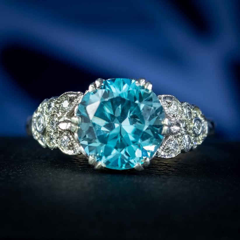 Antique Edwardian Blue Zircon Diamond Ring, 3.6ct Zircon For Sale 2