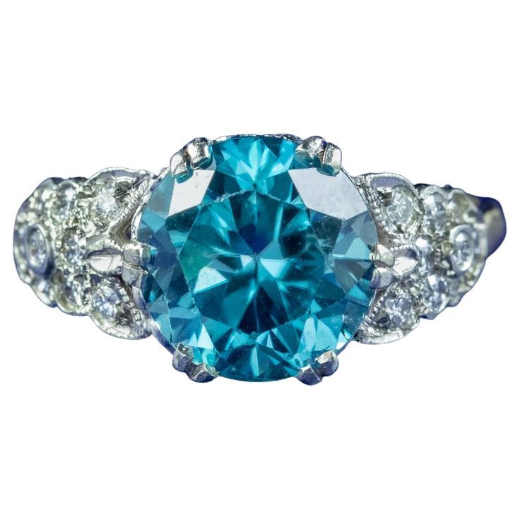 Antique Edwardian Blue Zircon Diamond Ring, 3.6ct Zircon For Sale