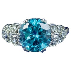 Retro Edwardian Blue Zircon Diamond Ring, 3.6ct Zircon