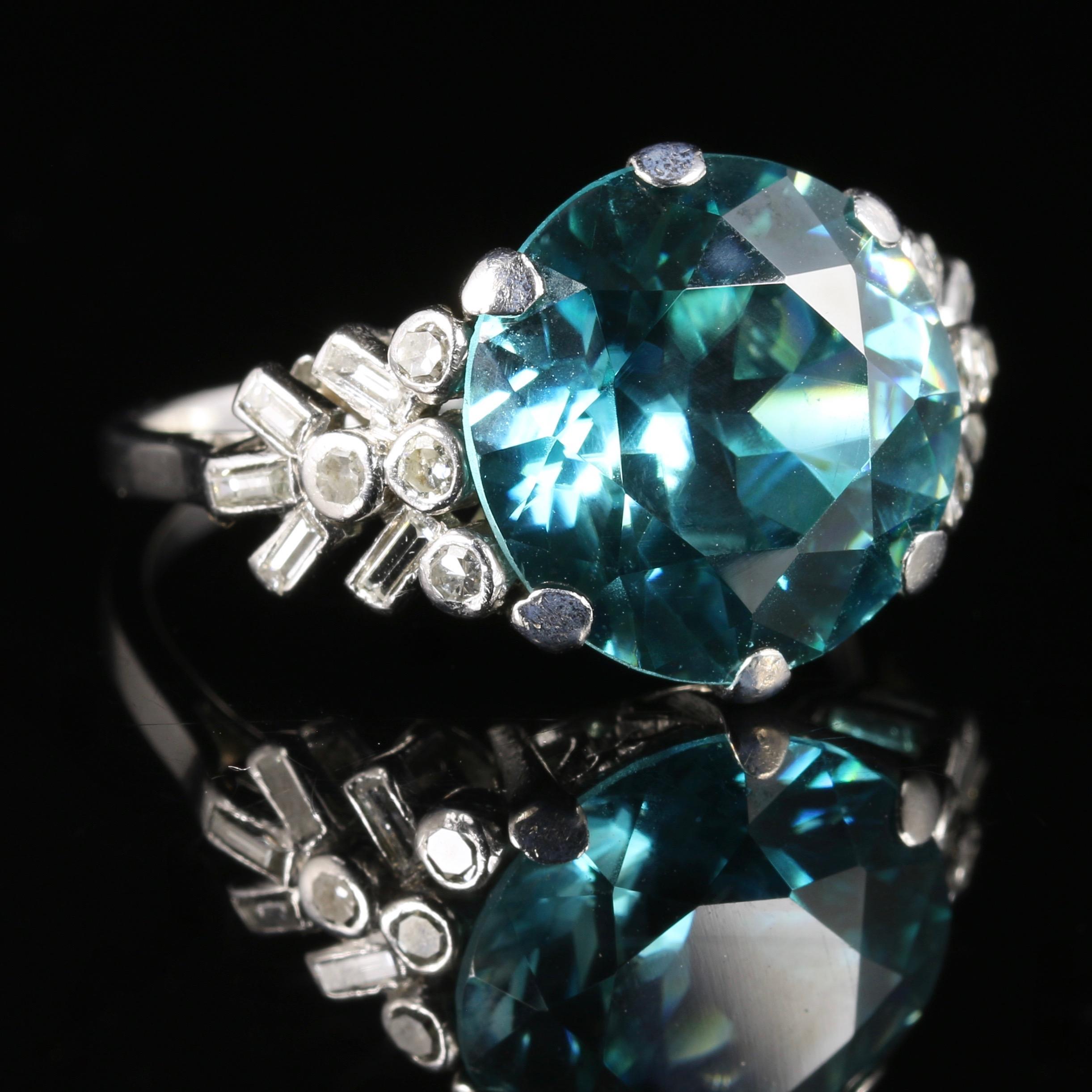 Women's Antique Edwardian Blue Zircon Diamond Ring Platinum 8 Carat Zircon, circa 1915