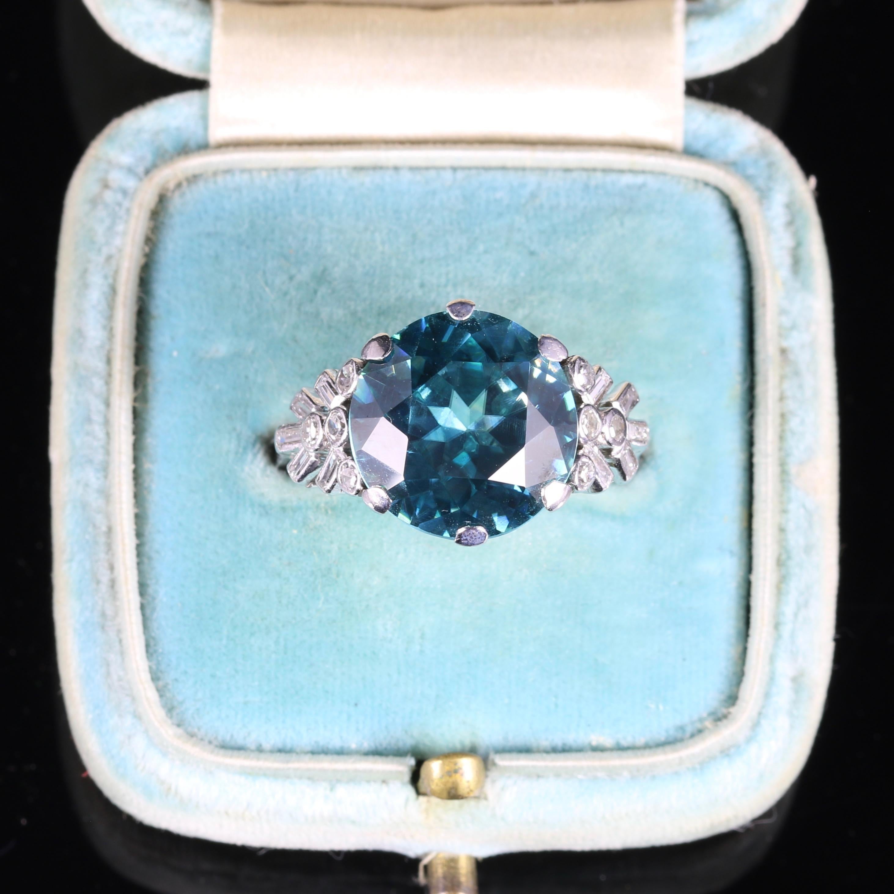 Antique Edwardian Blue Zircon Diamond Ring Platinum 8 Carat Zircon, circa 1915 3