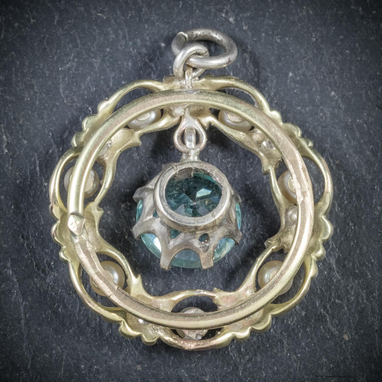 Antique Edwardian Blue Zircon Pendant Diamond Pearl, circa 1915 In Excellent Condition In Lancaster , GB