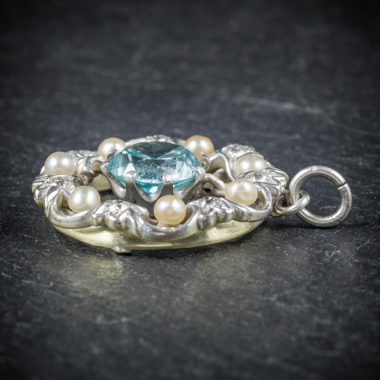 Women's Antique Edwardian Blue Zircon Pendant Diamond Pearl, circa 1915